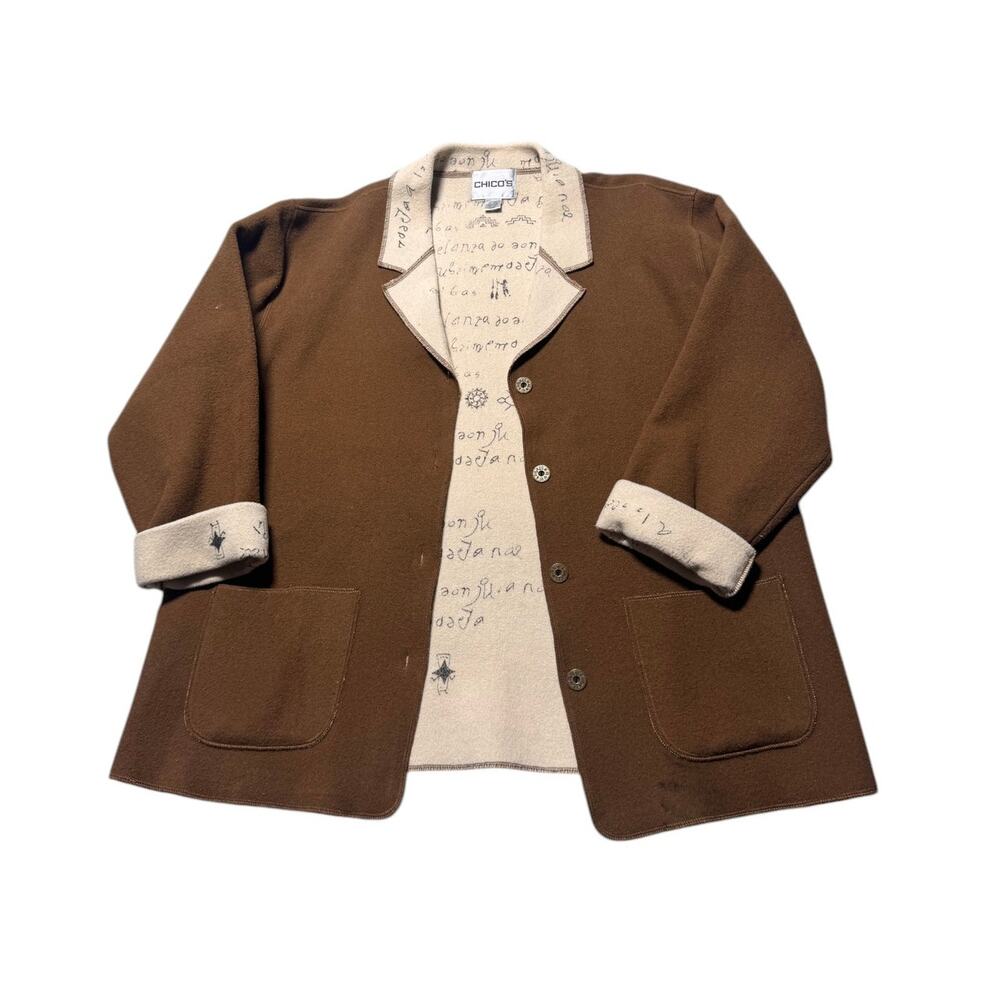 Chico's Tailored Jacket Women's 3 Brown Writing Scriptures Print Button Front - Picture 7 of 15